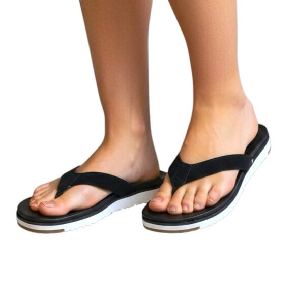 Ugg Uggs Lorrie Sturdy Black Leather Flip Flops Women's Size 8 Foam Soles - Picture 1 of 11